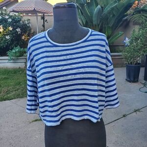 FRAME Linen Blue and White Striped Cropped Tee